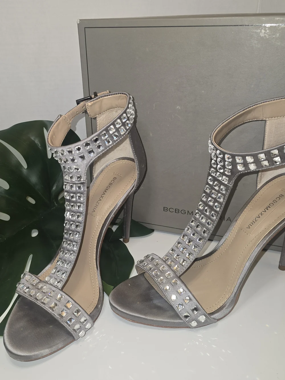 BCBGMaxAzria Silver Crystal T-Strap High Heel Sandals